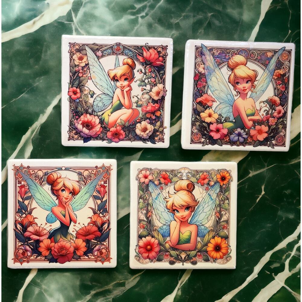 Tinkerbell Art Nouveau Ceramic Coaster Set with Holder